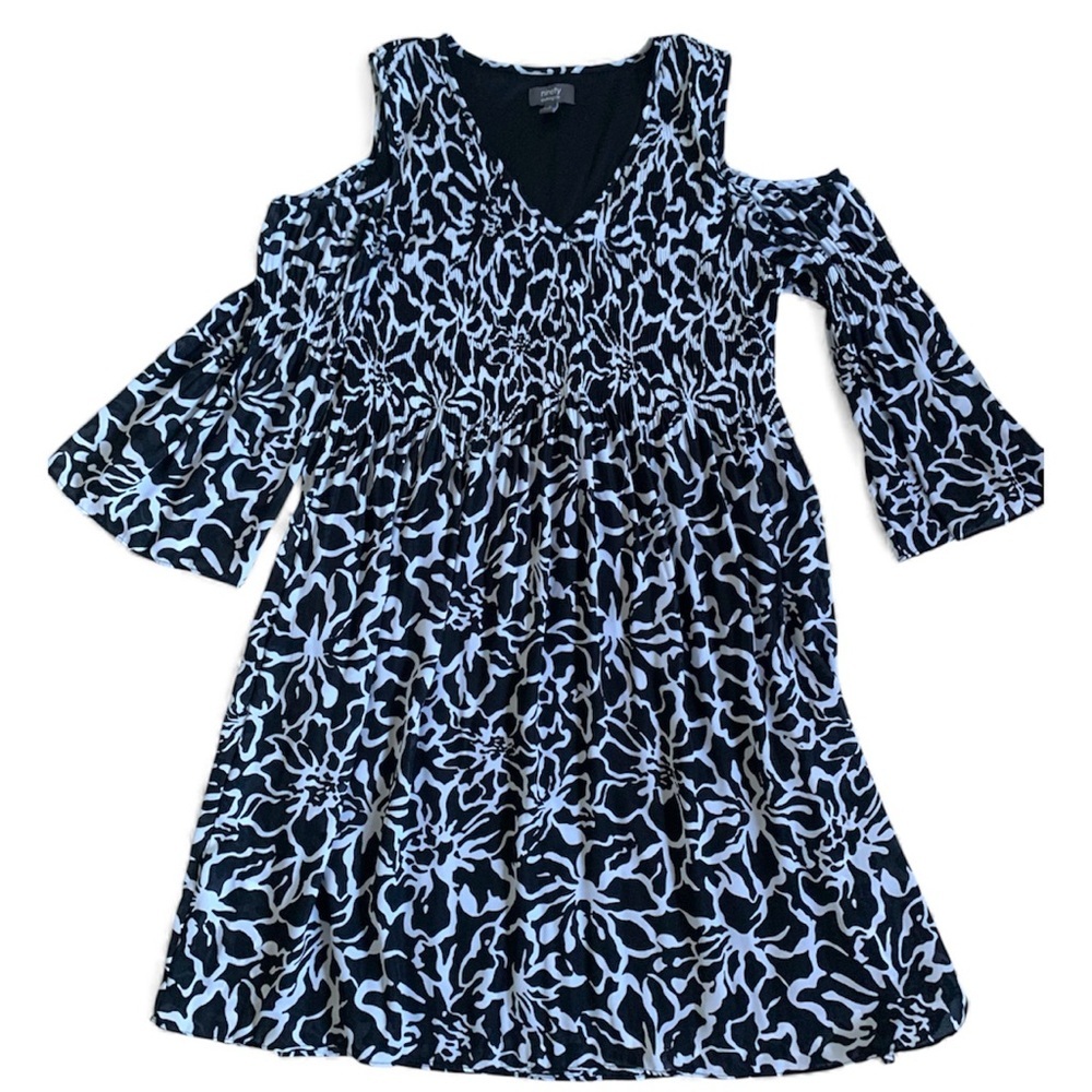 Ninety Black and White Patterned Cold Shoulder Dress